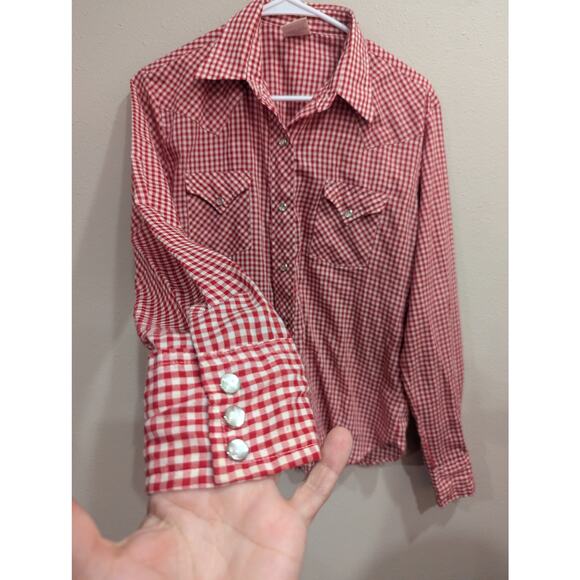 VINTAGE red gingham pearl snap button western style cotton long sleeve shirt, 16 - Picture 4 of 10
